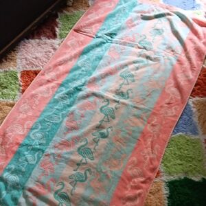 Flamingo Stripe Beach Towel in Coral and Aqua